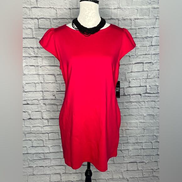 New York and company Puff-Sleeve Button-Back Shift Dress fuchsia size L petite - Picture 1 of 10